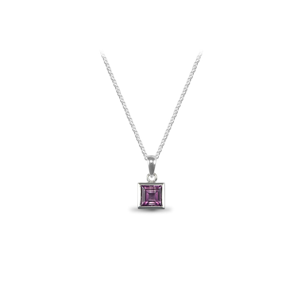 Sterling Silver  Amethyst Square Cut Solitaire Necklace 8mm - ANC003