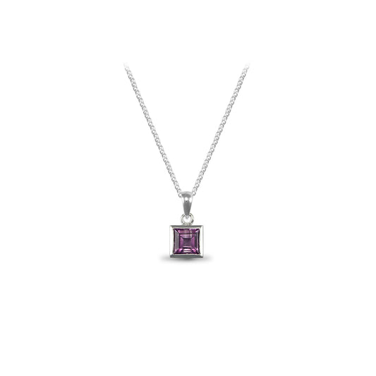 Sterling Silver  Amethyst Square Cut Solitaire Necklace 8mm - ANC003