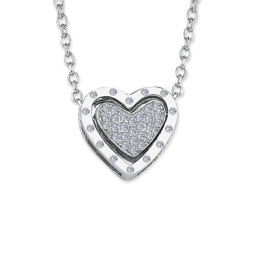 Silver  CZ Glitzy Frame Love Heart 1.1mm Pendant Necklace 16" + 1" - ANC069