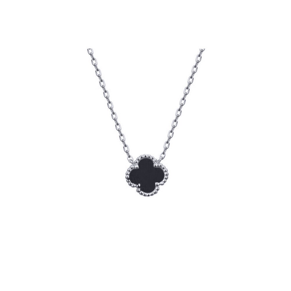 Silver  Black Clover Onyx Lucky Charm Pendant Necklace 16-18" - ANC071