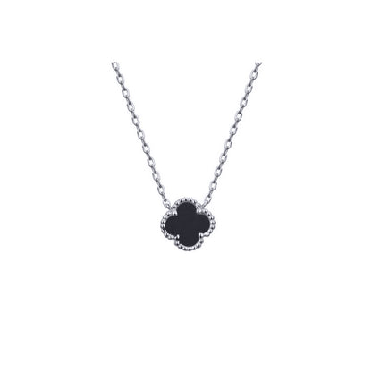 Silver  Black Clover Onyx Lucky Charm Pendant Necklace 16-18" - ANC071