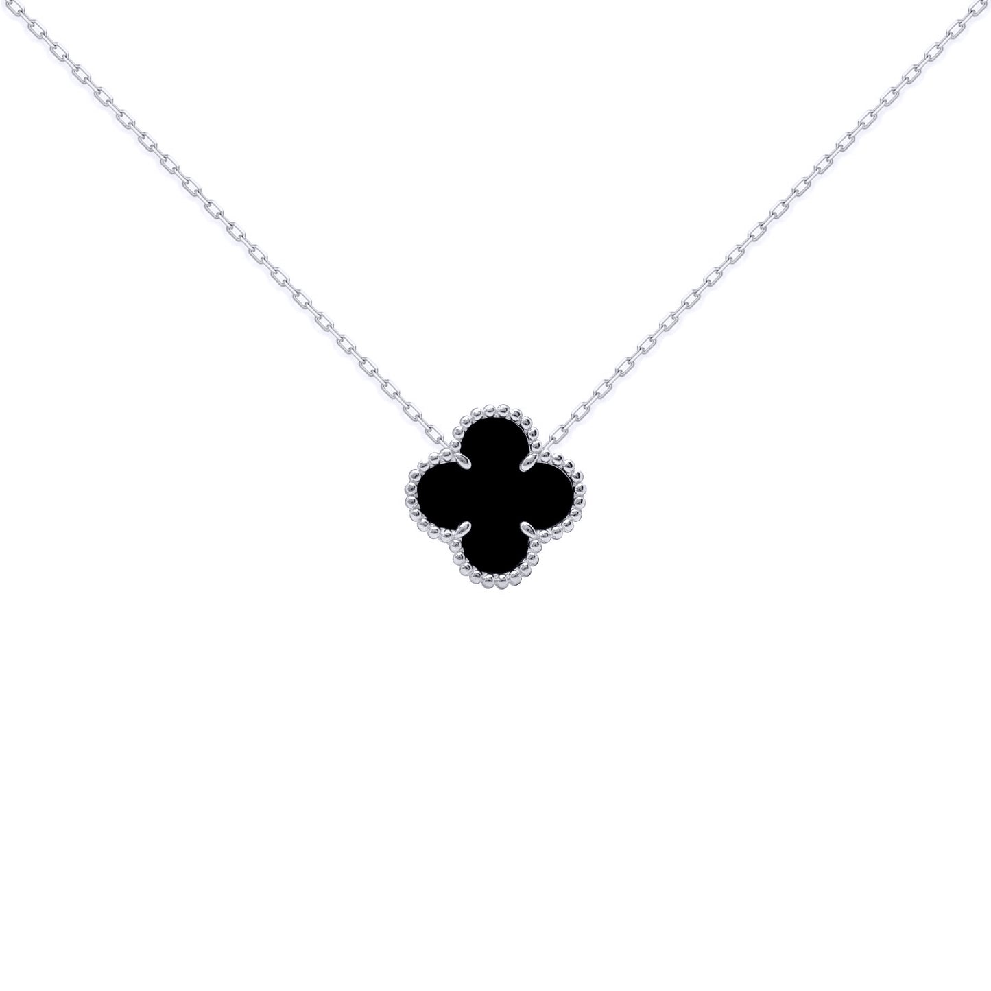 Silver  Black Clover Onyx Lucky Charm Pendant Necklace 16-18" - ANC071