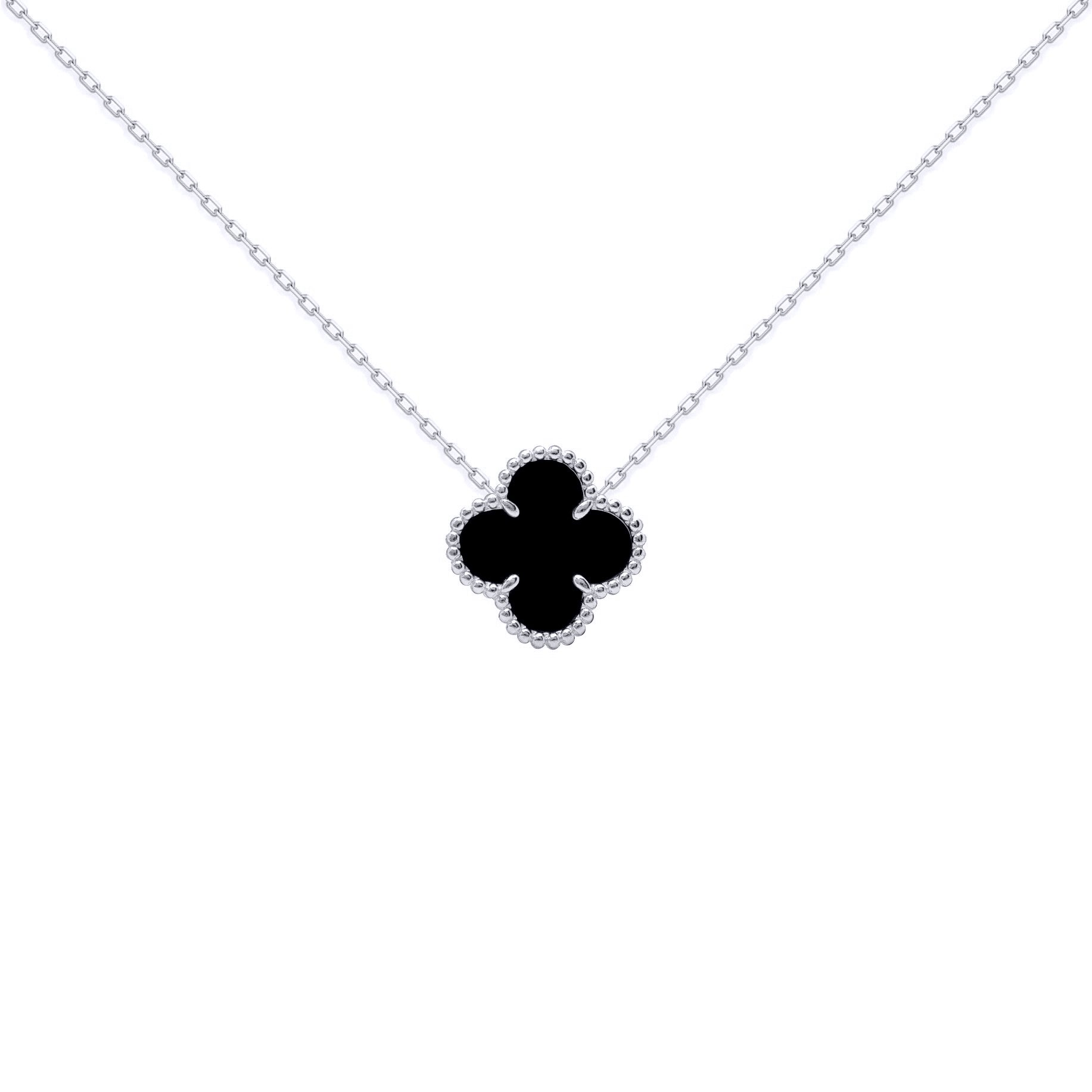 Silver  Black Clover Onyx Lucky Charm Pendant Necklace 16-18" - ANC071