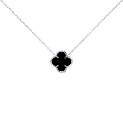 Silver  Black Clover Onyx Lucky Charm Pendant Necklace 16-18" - ANC071