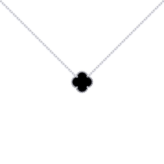 Silver  Black Clover Onyx Lucky Charm Pendant Necklace 16-18" - ANC071