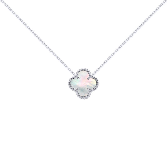 Silver  Clover Mother of Pearl Lucky Charm Pendant Necklace 16-18" - ANC072