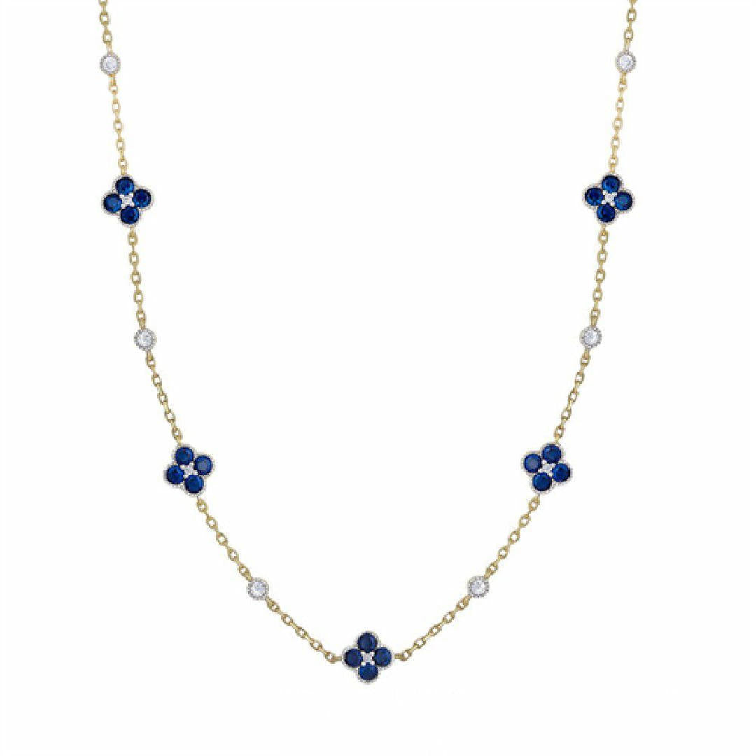 Gold-plated Silver  Blue CZ Clover Solitaire Station Necklace - ANC073B