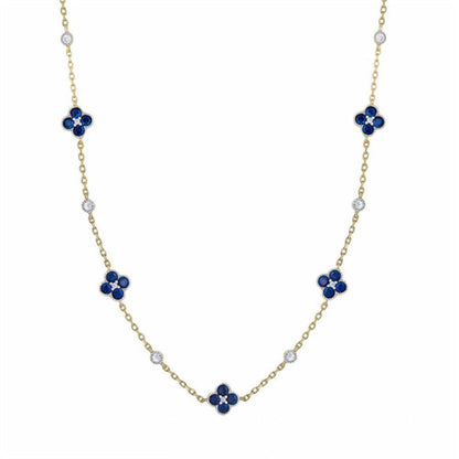 Gold-plated Silver  Blue CZ Clover Solitaire Station Necklace - ANC073B