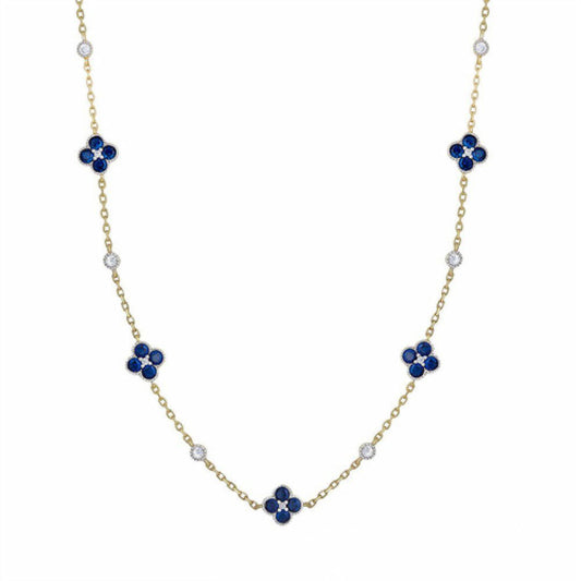 Gold-plated Silver  Blue CZ Clover Solitaire Station Necklace - ANC073B
