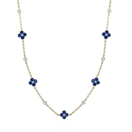 Gold-plated Silver  Blue CZ Clover Solitaire Station Necklace - ANC073B