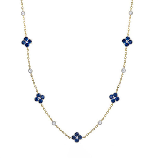 Gold-plated Silver  Blue CZ  Clover  Solitaire Station Necklace - ANC073B