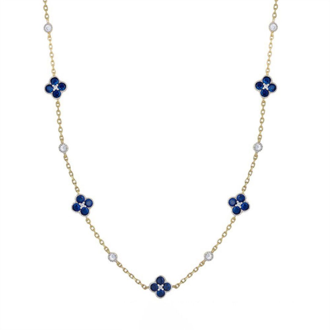 Gold-plated Silver  Blue CZ Clover Solitaire Station Necklace - ANC073B