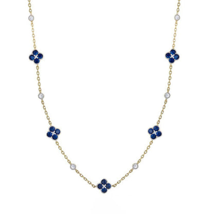 Gold-plated Silver  Blue CZ Clover Solitaire Station Necklace - ANC073B