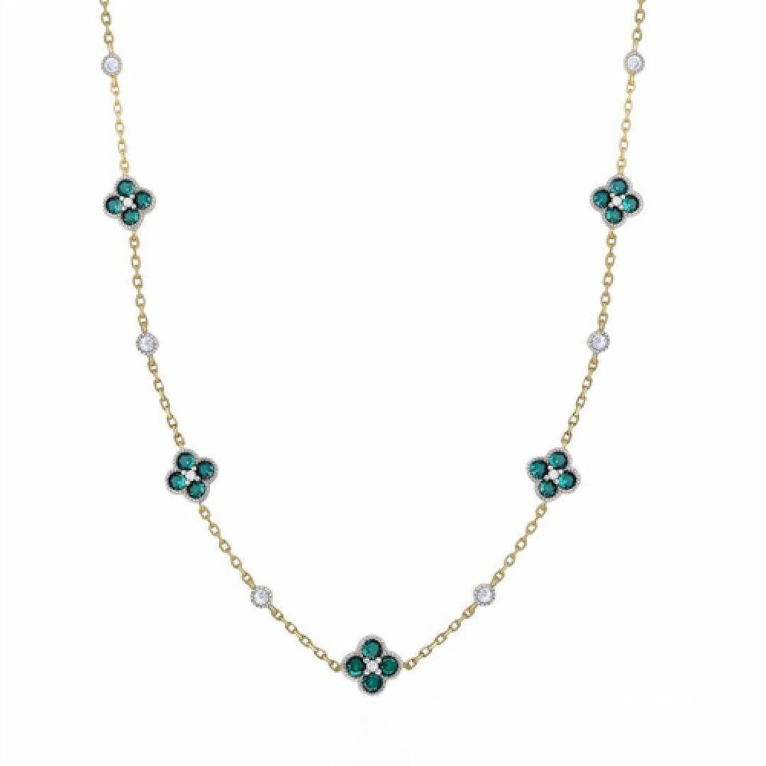 Gold-plated Silver  Green CZ Clover Solitaire Station Necklace - ANC073G