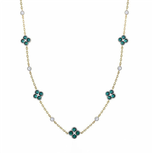 Gold-plated Silver  Green CZ Clover Solitaire Station Necklace - ANC073G