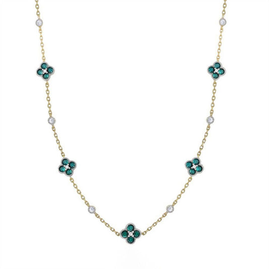 Gold-plated Silver  Green CZ Clover Solitaire Station Necklace - ANC073G