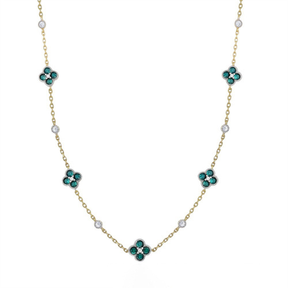 Gold-plated Silver  Green CZ  Clover  Solitaire Station Necklace - ANC073G