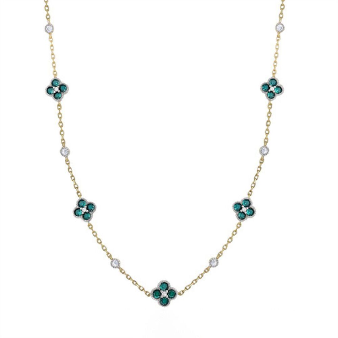 Gold-plated Silver  Green CZ Clover Solitaire Station Necklace - ANC073G