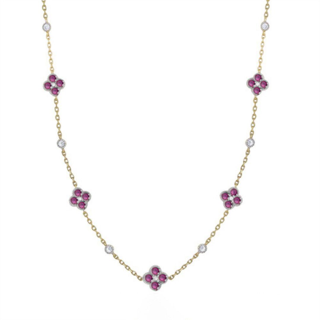 Gold-plated Silver  Red CZ Clover Solitaire Station Necklace - ANC073R