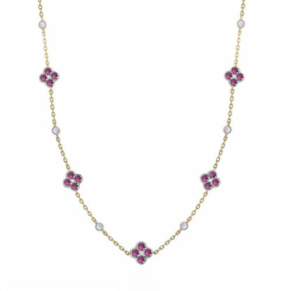 Gold-plated Silver  Red CZ Clover Solitaire Station Necklace - ANC073R