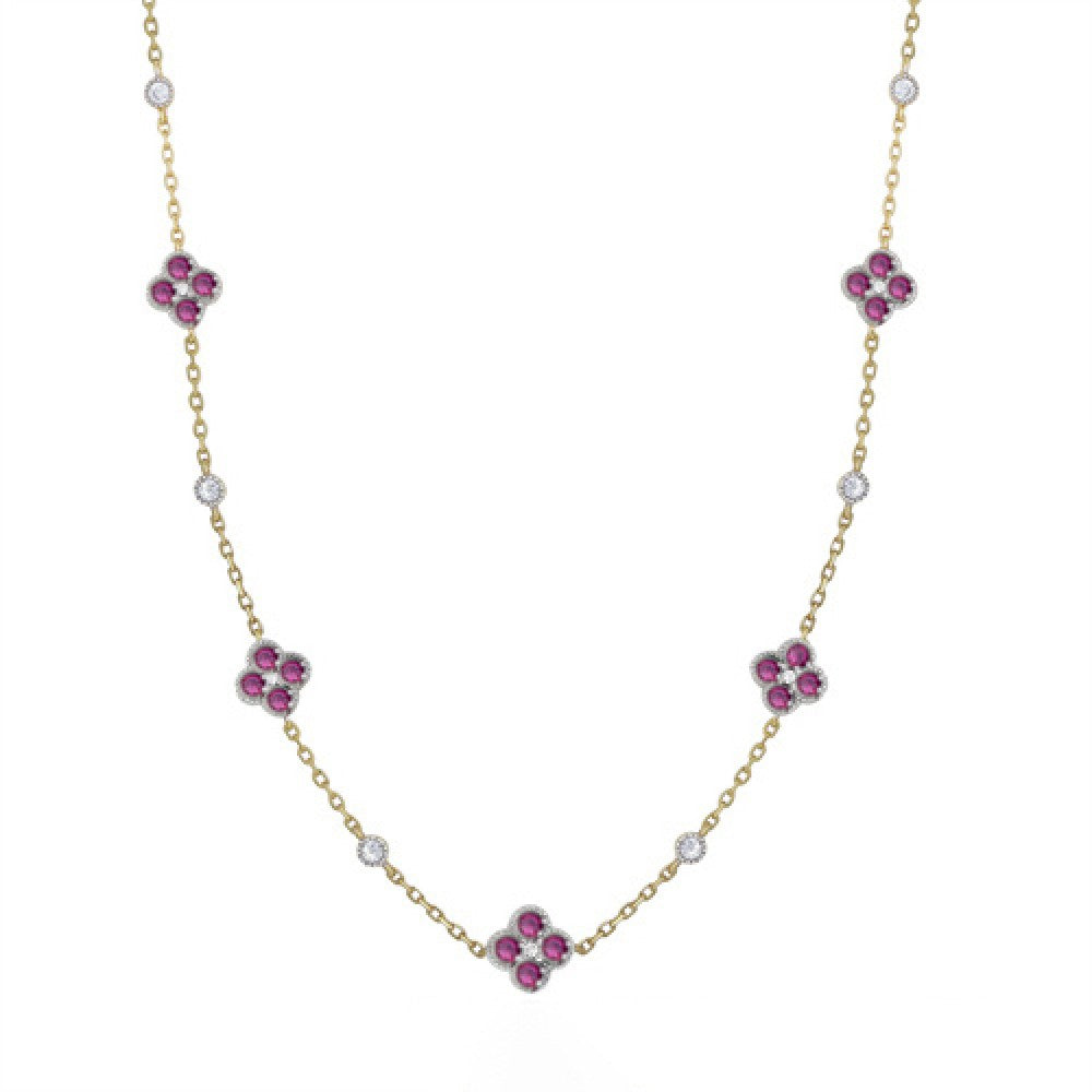 Gold-plated Silver  Red CZ  Clover  Solitaire Station Necklace - ANC073R