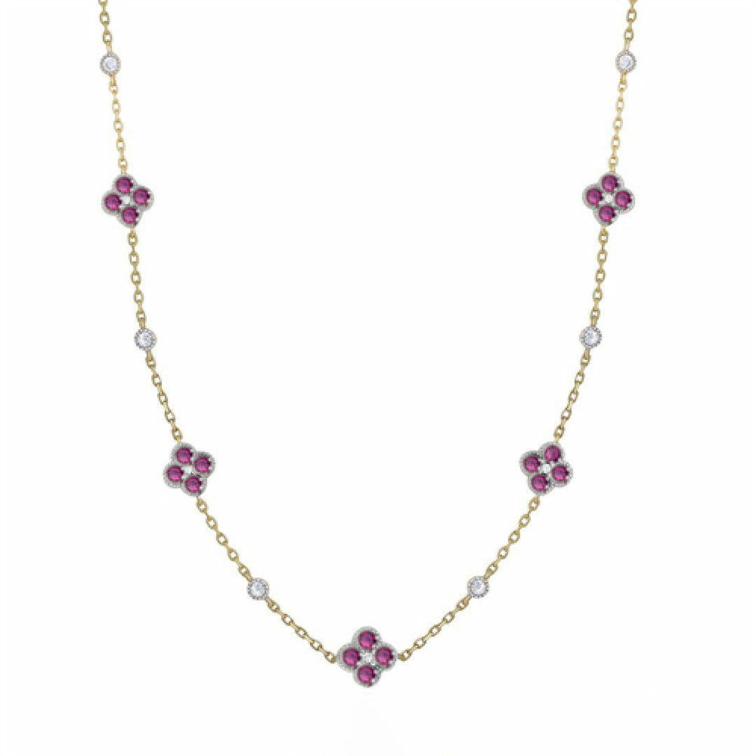 Gold-plated Silver  Red CZ Clover Solitaire Station Necklace - ANC073R