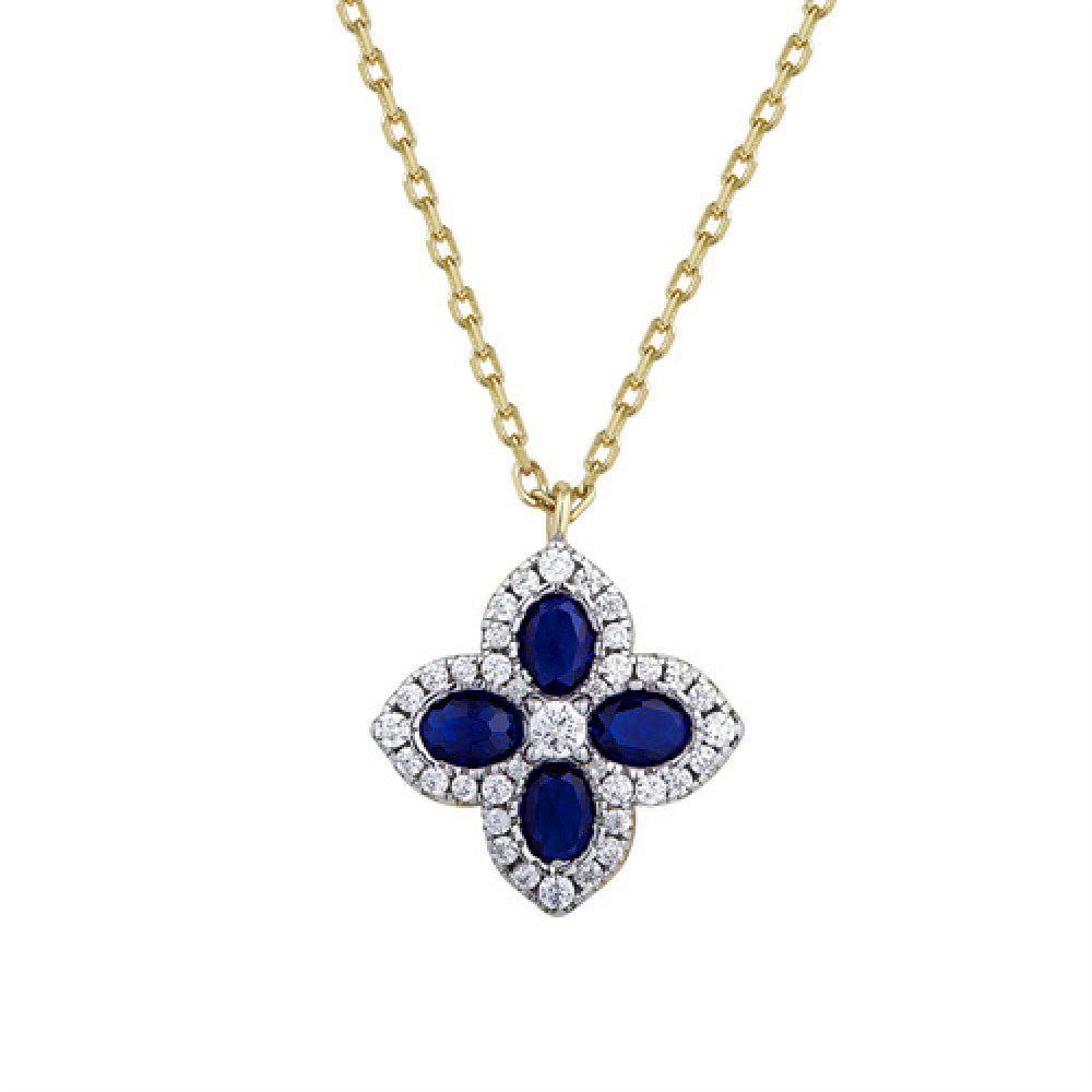 Gold-plated Silver  Blue CZ Pointed Quatrefoil Clover Necklace - ANC074B