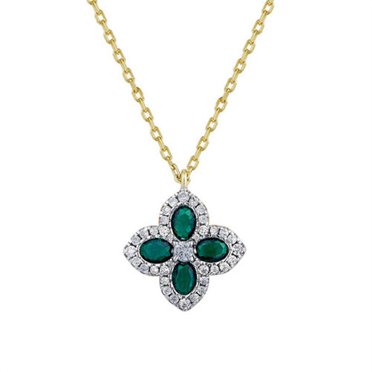 Gold-plated Silver  Green CZ Pointed Quatrefoil Clover Necklace - ANC074G