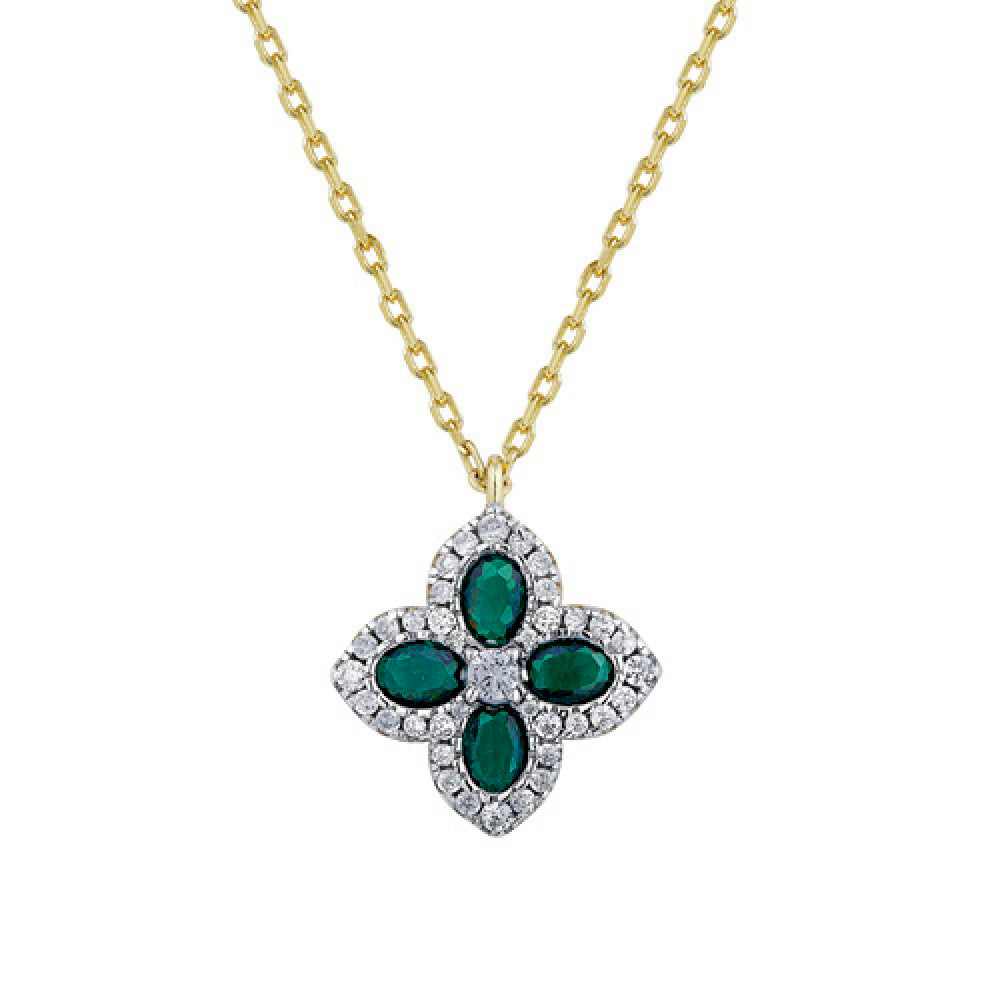 Gold-plated Silver  Green CZ Pointed Quatrefoil Clover Necklace - ANC074G