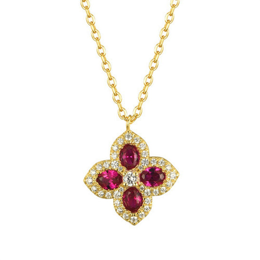 Gold-plated Silver  Red Oval CZ Pointed Quatrefoil Clover Necklace - ANC074R