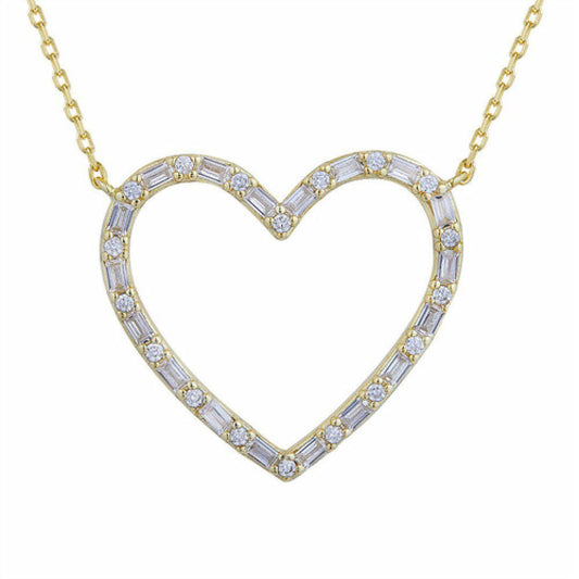 Gold-plated Silver  CZ Open Love Heart Alternating Necklace - ANC078