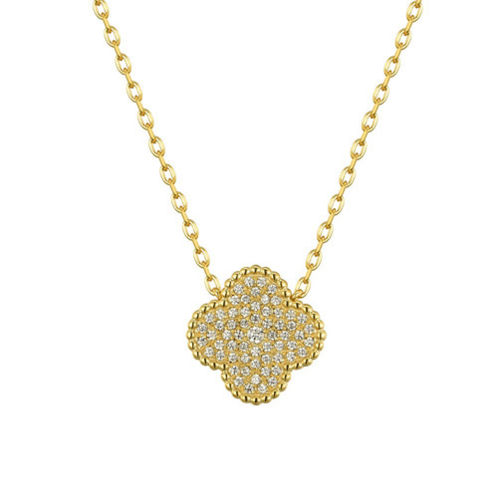 Gold-plated Silver  CZ Encrusted Bead Edge Clover Pendant Necklace - ANC079