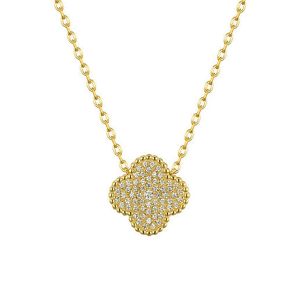 Gold-plated Silver  CZ Encrusted Bead Edge Clover Pendant Necklace - ANC079