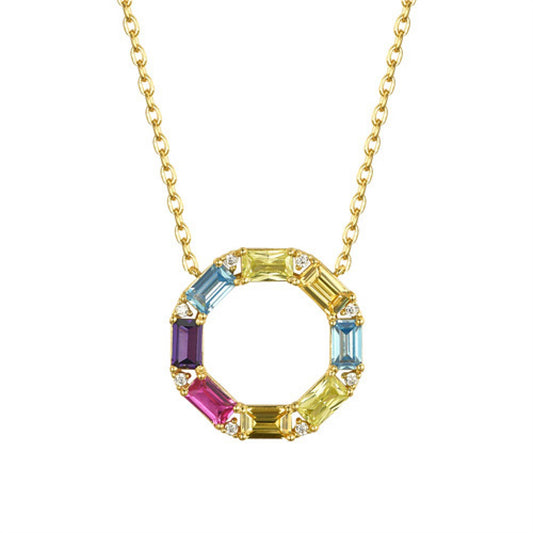 Gold-plated Silver  Rainbow CZ Octagonal Circle of Life Necklace - ANC080