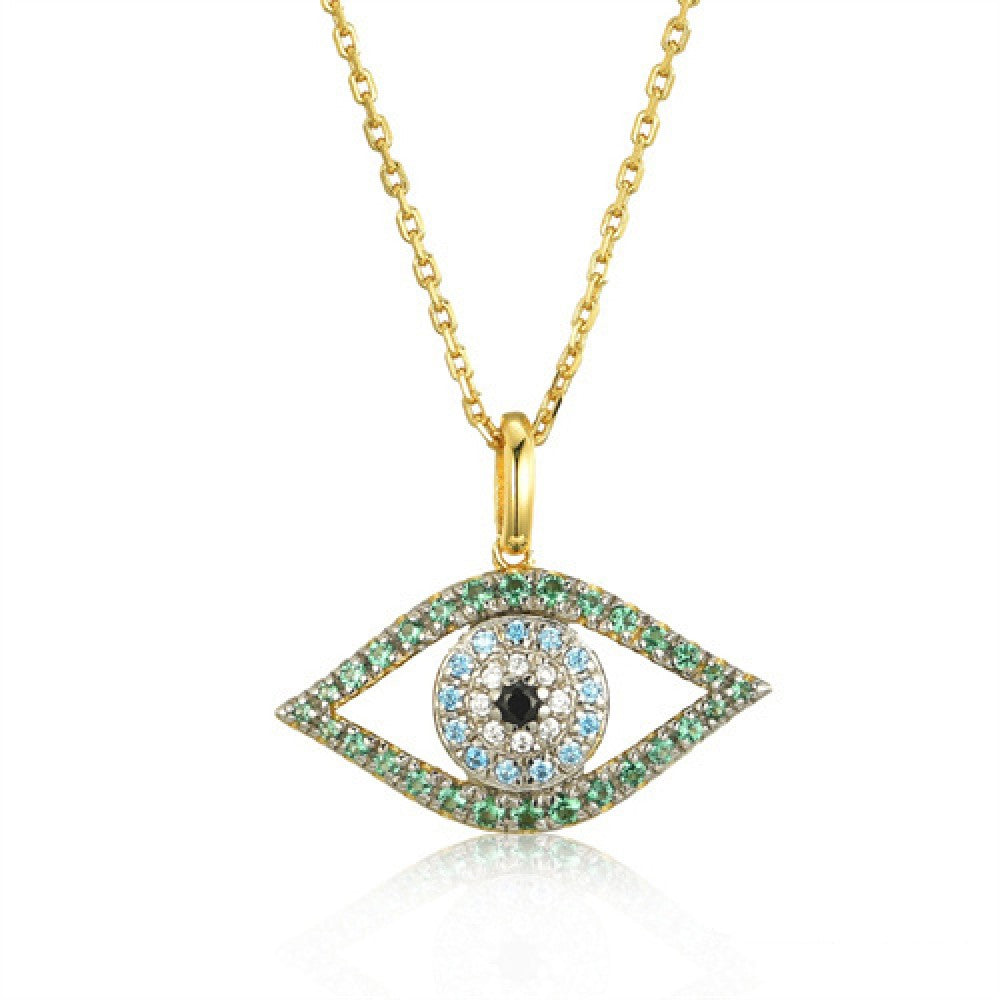 Gold-plated Silver  Green Blue Black CZ Anti Evil Eye Necklace - ANC081