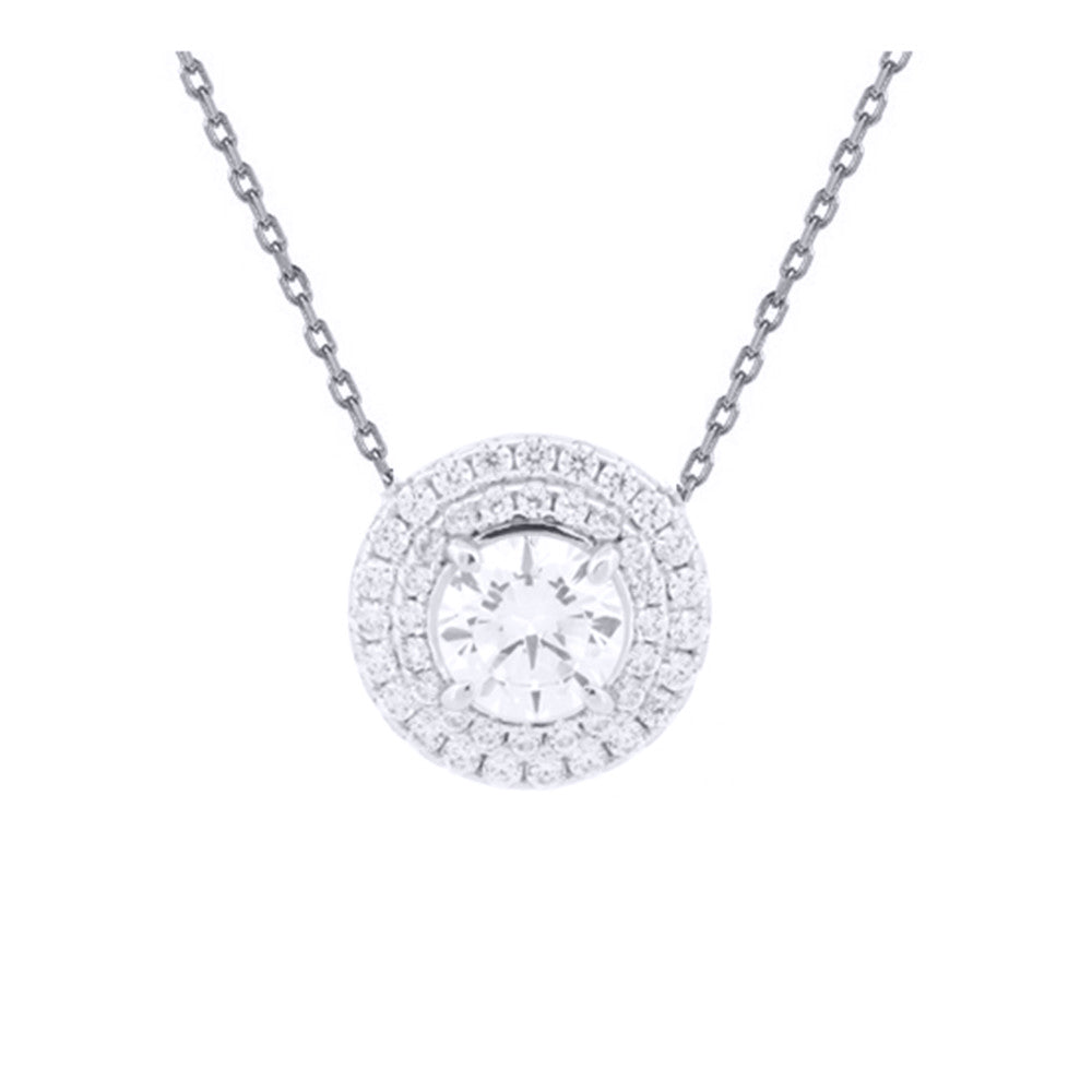 Silver  CZ Double Circle Halo Solitaire Cluster Pendant Necklace - ANC084