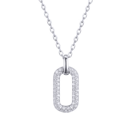 Silver  Round CZ Encrusted Paperclip Oval Link Pendant Necklace - ANC086