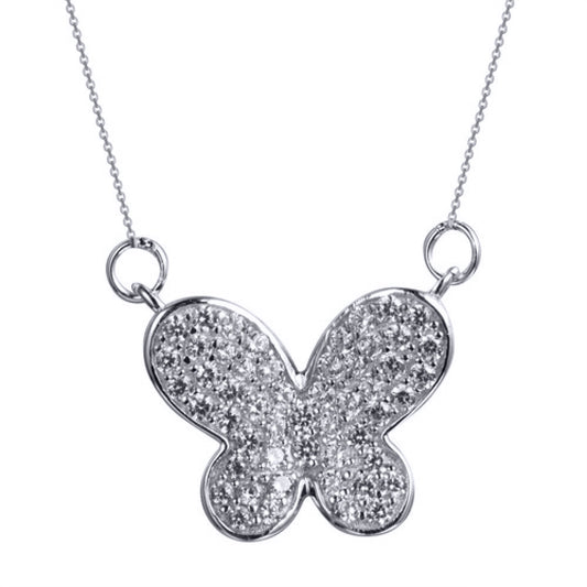 Silver  Round CZ Rounded Cute Butterfly Clipart Pendant Necklace - ANC088