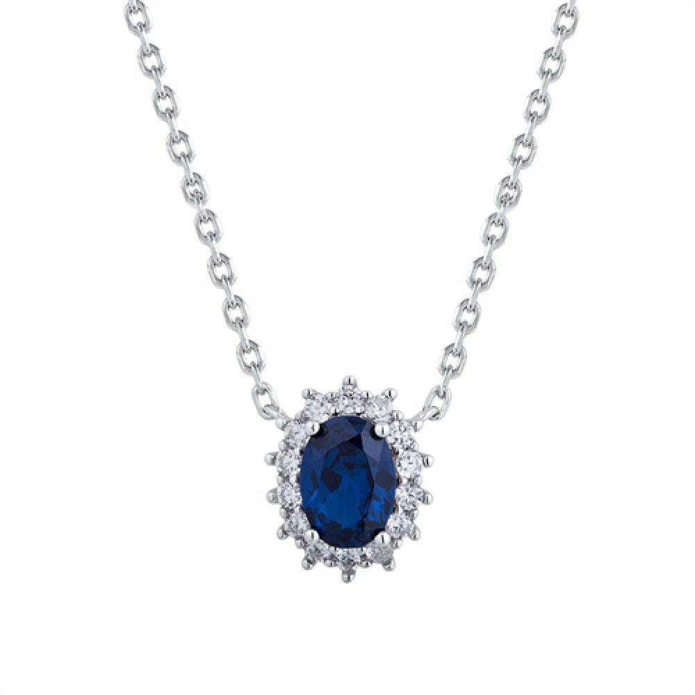 Silver  Blue Oval CZ Princess Kate Royal Engagement  Necklace - ANC089