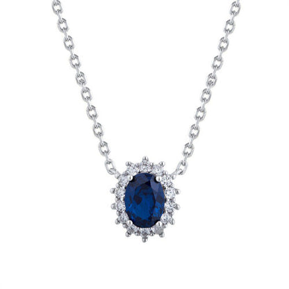 Silver  Blue Oval CZ Princess Kate Royal Engagement  Necklace - ANC089