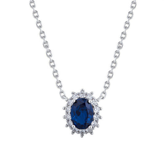 Silver  Blue Oval CZ Princess Kate Royal Engagement  Necklace - ANC089