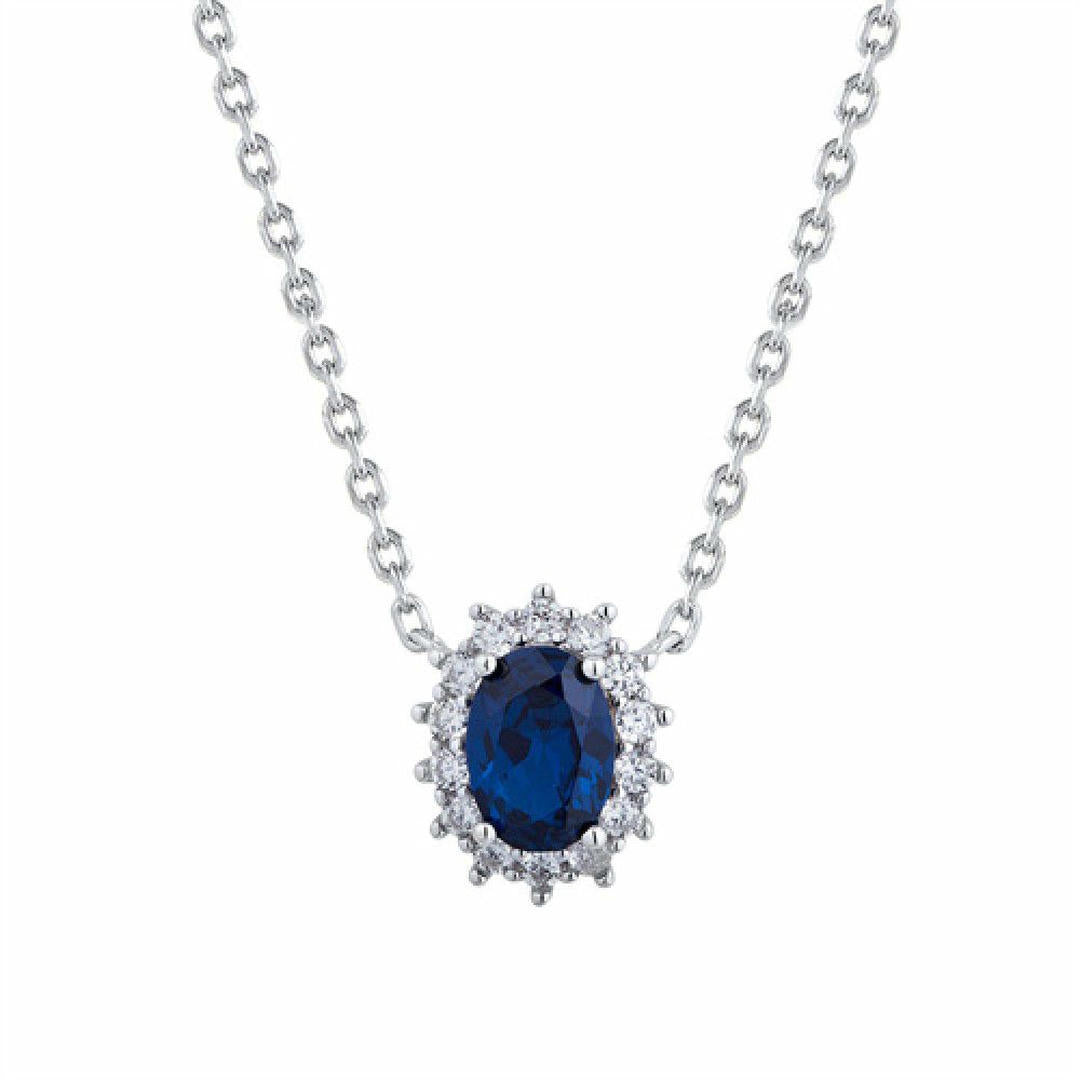 Silver  Blue Oval CZ Princess Kate Royal Engagement Necklace - ANC089