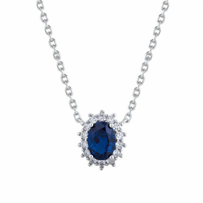 Silver  Blue Oval CZ Princess Kate Royal Engagement Necklace - ANC089