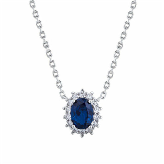 Silver  Blue Oval CZ Princess Kate Royal Engagement Necklace - ANC089