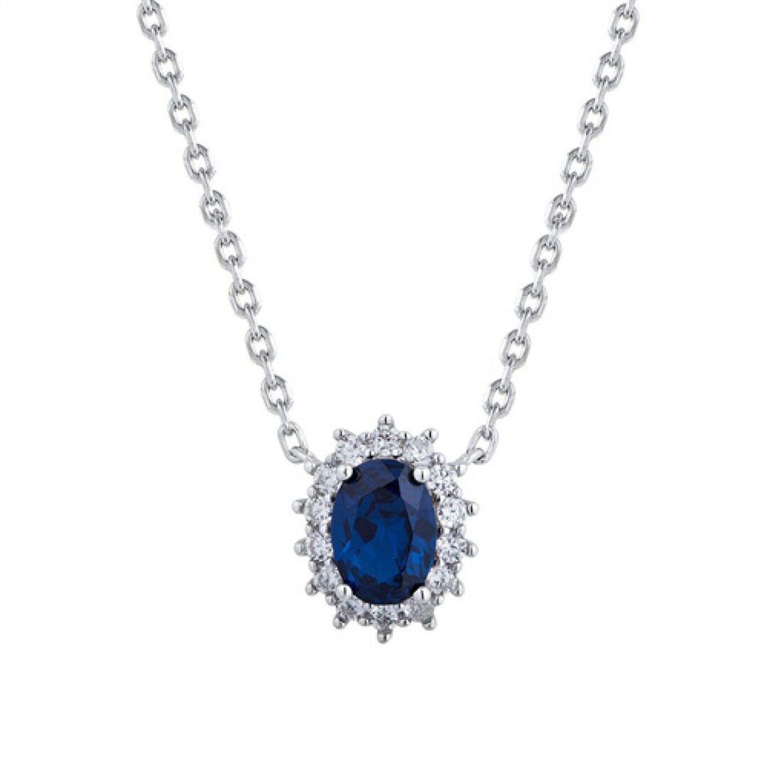 Silver  Blue Oval CZ Princess Kate Royal Engagement Necklace - ANC089