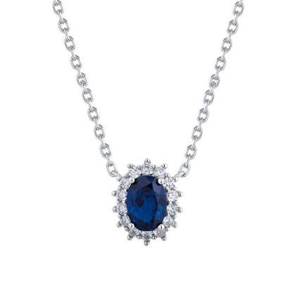 Silver  Blue Oval CZ Princess Kate Royal Engagement Necklace - ANC089