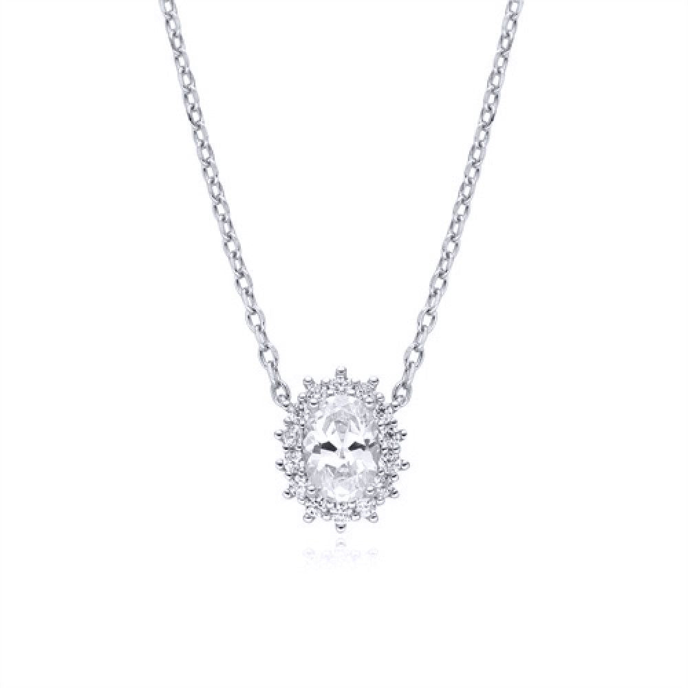 Silver  Oval CZ Princess Royal Engagement Cluster Pendant Necklace - ANC090