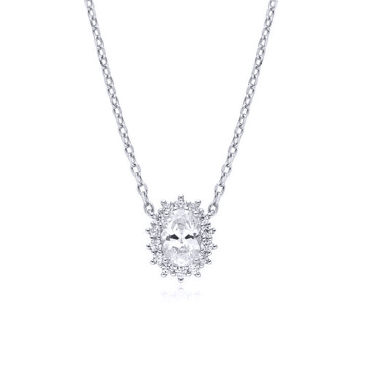 Silver  Oval CZ Princess Royal Engagement Cluster Pendant Necklace - ANC090