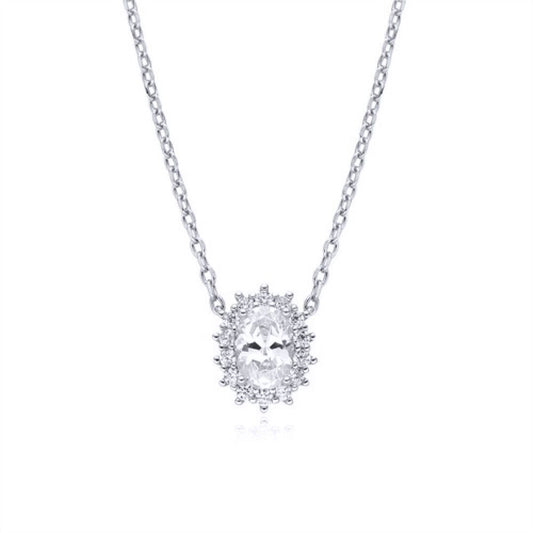 Silver Oval CZ Princess Royal Engagement Cluster Pendant Necklace - ANC090