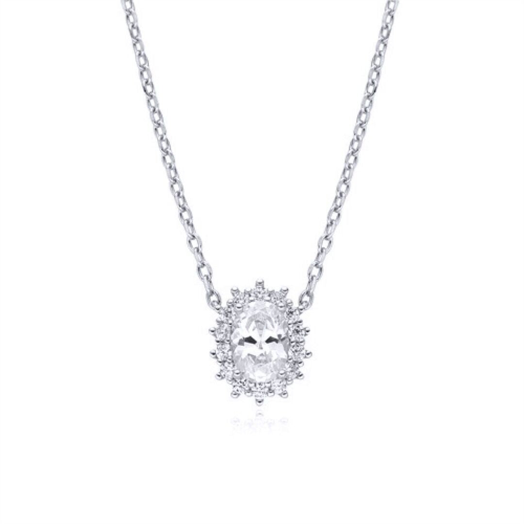 Silver  Oval CZ Princess Royal Engagement Cluster Pendant Necklace - ANC090